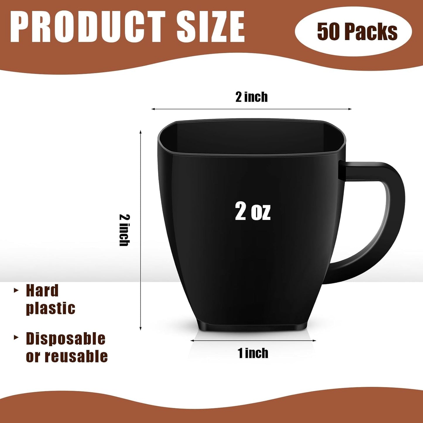 Amyhill 50 Pcs Disposable Tea Cups Mini Plastic Tea Cup Bulk with Handle Hard Plastic Coffee Mug Disposable Square Espresso Mug for Party Catering (Black)