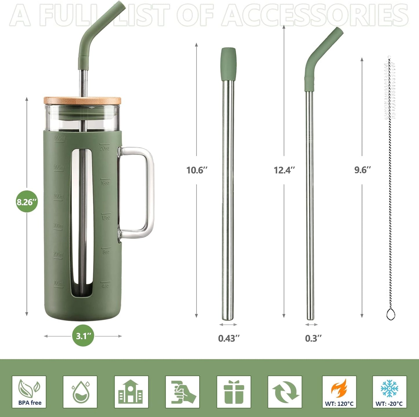 Kodrine Tumbler with Lid and Straw, 20 oz Glass Coffee Tumbler with Handle, Smoothie Cup with Bamboo Lid | Time Marker | Silicone Protective Sleeve, BPA Free - Olive