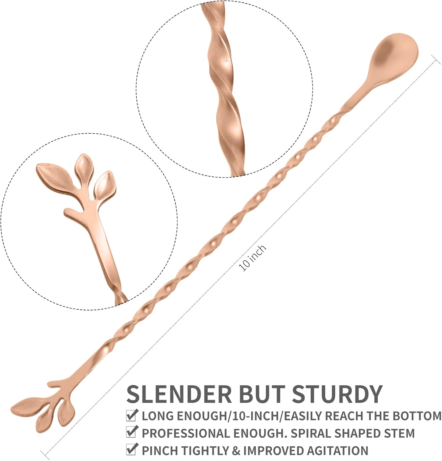 AnSaw Rose Gold 10-Inch Stainless Steel Cocktail Spoon with Leaf Handle - Perfect for Mixing & Layering Drinks in Tall Cups, Bar & Shakers - Durable Long Handle Bar Stirrer,1-Pieces