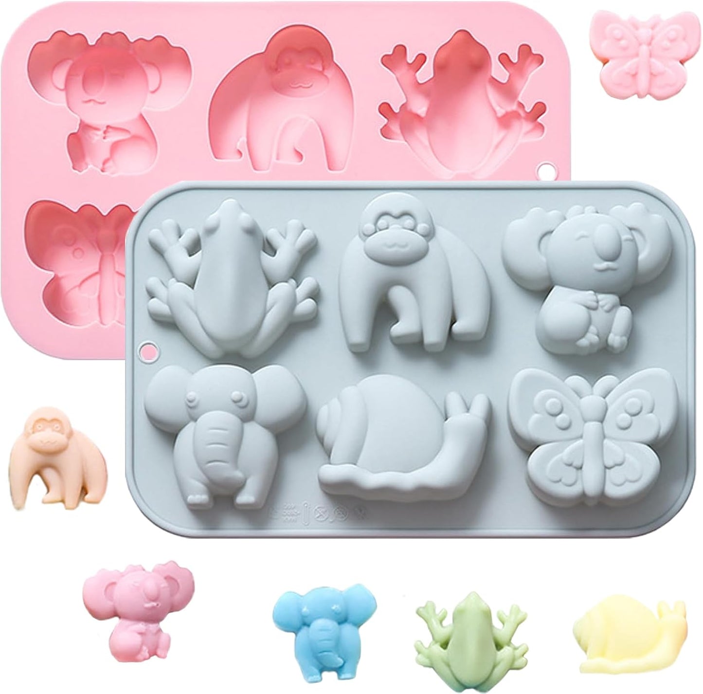 Animal Chocolate Mold Set - Food-Grade Silicone Baking Molds with Frog, Elephant, Monkey, Snail & Butterfly, Reusable for Kids Birthday Cakes, Jungle Party Treats & DIY Crafts - 2 Pack