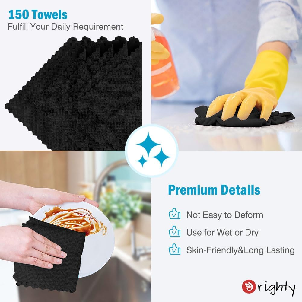 Orighty Black Microfiber Cleaning Cloth, 150 Pack Highly Absorbent Cleaning Supplies, Lint Free Kitchen Towels Cleaning Rags, Microfiber Towels for Cars, House, Window, 12x12 inch