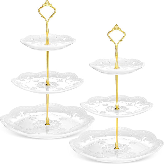 Tatuo 2 Pcs 3 Tier Porcelain Cupcake Stand, Cup Cake Holder Tower, Pastry Serving Elegant Dessert White Ceramic Tiered Stand for Wedding, Birthday, Tea Party(Lace Round Shape)