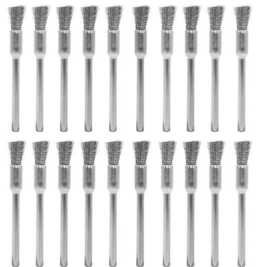 20 pcs Steel Cleaning End Brushes Pen 1/5″(5mm) x 1/8″(3mm) Wire Brush Rust Paint Removal Bits Polishing Rotary Tools