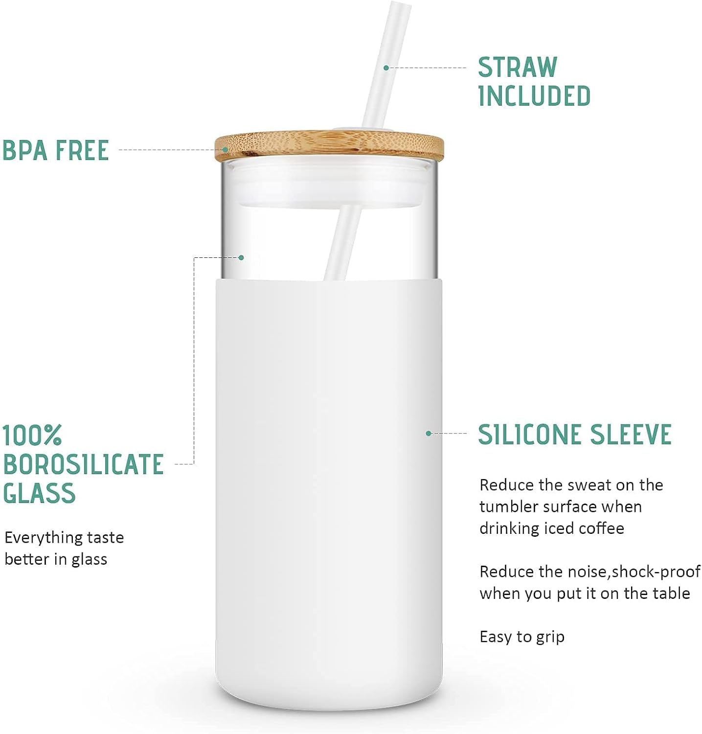 Tronco 20 oz Glass Tumbler Glass Water Bottle Straw Silicone Protective Sleeve Bamboo Lid - BPA Free - White Amber/ 2 Pack