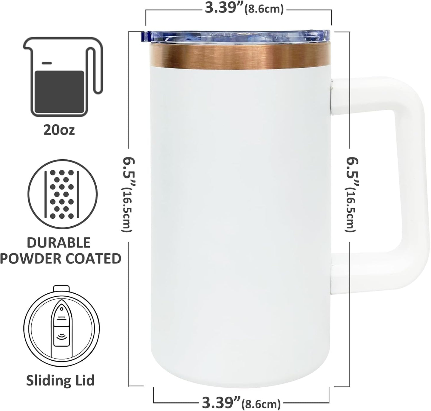 20 oz Insulated Coffee Mug with Lid, 8 Pack Stainless Steel Coffee Tumbler Bulk, Double Wall Vacuum Travel Mug with Handle, Leakproof Powder Coated Coffee Cups for Hot and Cold Drinks (White,8 pack)