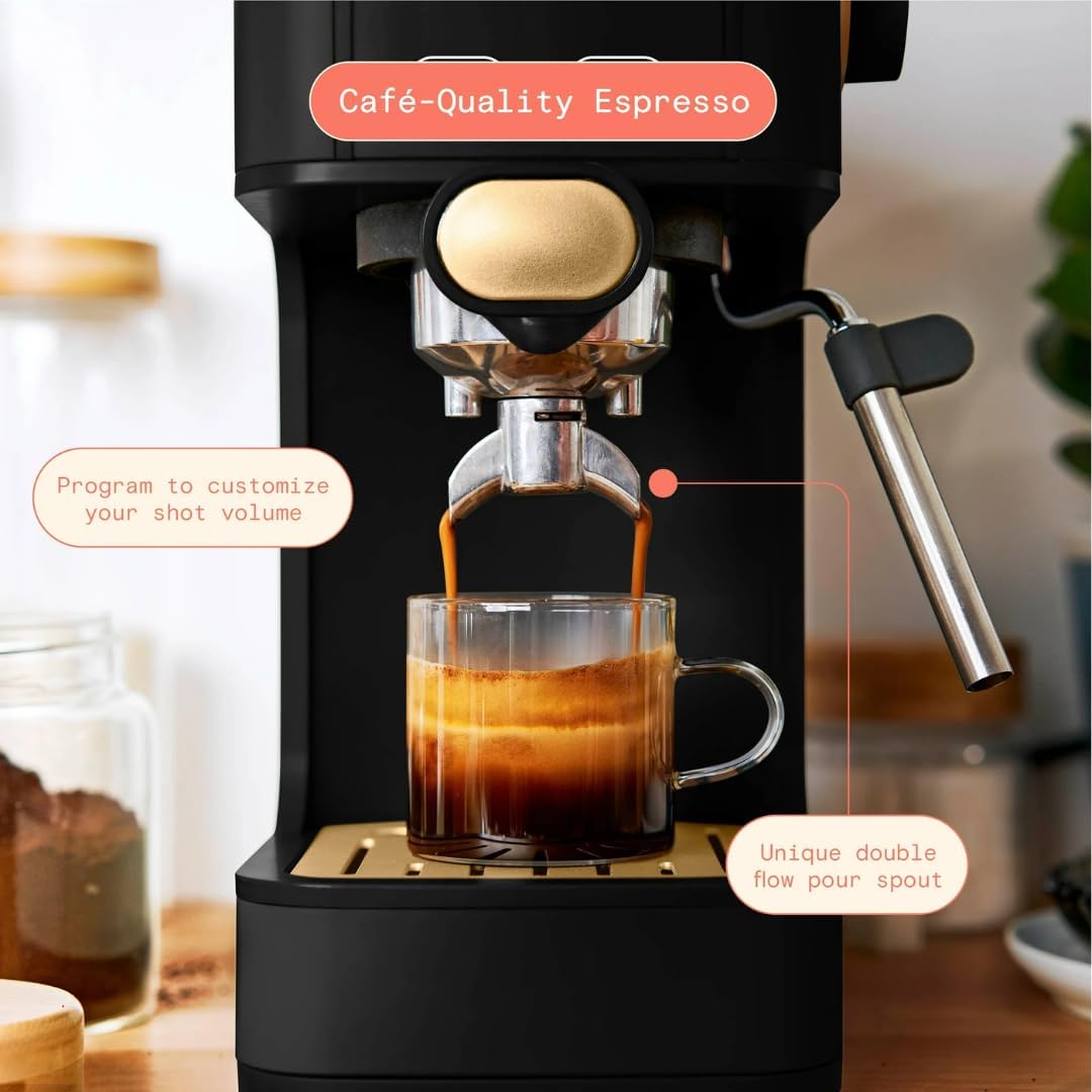 Beautiful Slim Espresso Maker by Drew Barrymore – 20‑Bar Pressure, Dual‑Spout 52 mm Portafilter, 50 oz Removable Tank, 2‑in‑1 Steam Wand & Touch Controls (Black Sesame)