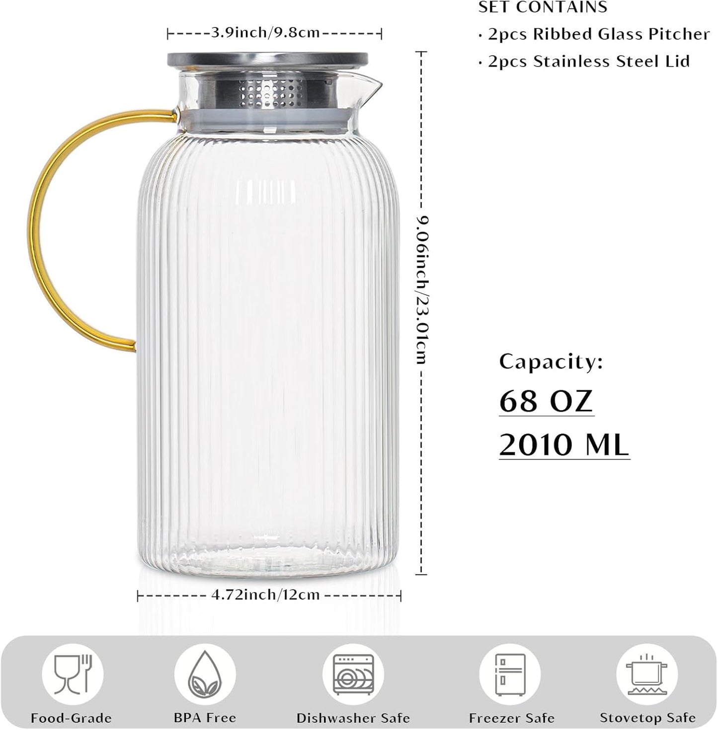 INSETLAN 68 Oz/2L Glass Pitcher with Lid and Spout, Ribbed Glass Jugs with Handle, Hot & Cold Water Pitcher for Iced Tea, Juice, Lemonade - Modern Glass Carafe for Fridge or Table (Pack of 2)