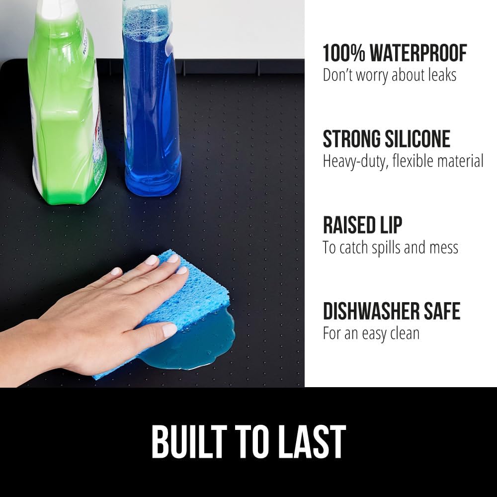 GORILLA GRIP Waterproof Silicone Under Sink Mat with Raised Lip for Kitchen and Bathroom, 28 x 22 in, Cabinet Shelf Liner Stay in Place Mats Dishwasher Safe Drawer Liner, Organizer Tray, Black