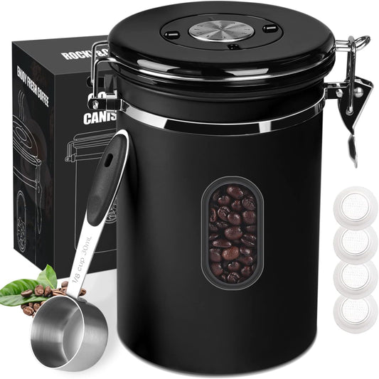 1500ML Airtight Coffee Canister with Date Tracker&Transparent Window, 18OZ Coffe Beans Storage with 30ML Measure Spoon&4 co2 Valve, Coffee Container for Grounds Coffee, Beans, Tea, Sugar, Flour(Black)