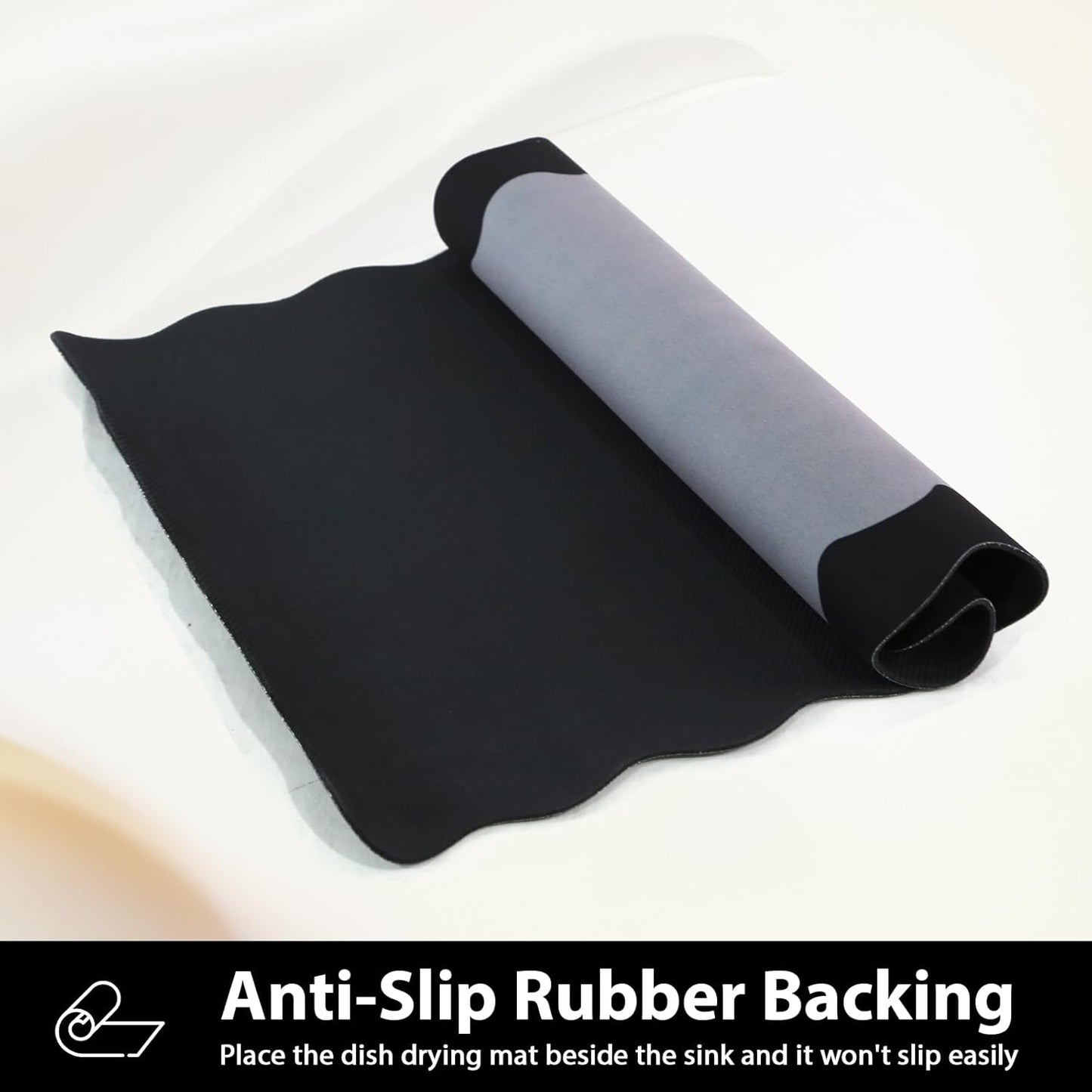 Scalloped Coffee Bar Mat for Countertop, Cute Dish Drying Mats for Kitchen Counter, Diatomite Absorbent Mat for Coffee Station, Kitchen Aesthetic Decor (16"x24", Black)