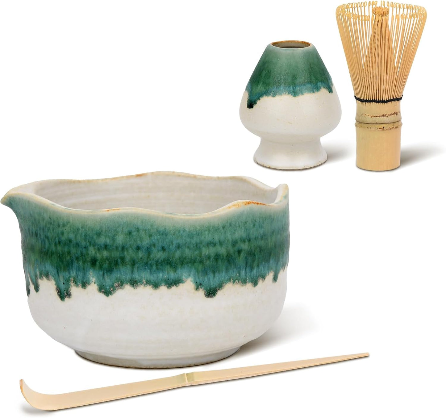 Pottery Matcha Set - Japanese Handcrafted Matcha Tea Bowl Mineral Glaze Bowl with Spout, Bamboo Whisk, Scoop & Chasen Holder | 4pc Tea Ceremony Kit for Matcha Lovers (Snowy Jade)