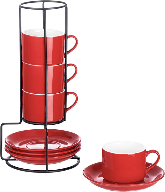 4oz Porcelain Stackable Espresso Cups with Saucers and Metal Stand Set of 4, Stackable Cappuccino Cups, Red Expresso Shots Cup Set for Coffee Drinks, Latte, Americano, Tea