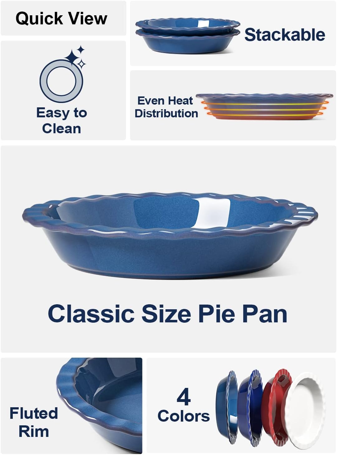 LE TAUCI Ceramic Pie Dish for Baking, 9 Inches Pie Pan for Apple Pie, Pecan Pie, 36 Ounce Pie Plate, Set of 2, Ceylon Blue