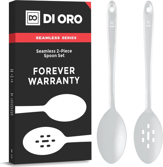 DI ORO Silicone Spoons for Cooking - Large Kitchen Utensils for Mixing, Serving, & Stirring - 600F Heat-Resistant Non Stick - Big Solid & Slotted Basting Spoons - Dishwasher Safe (2pc, Stone)
