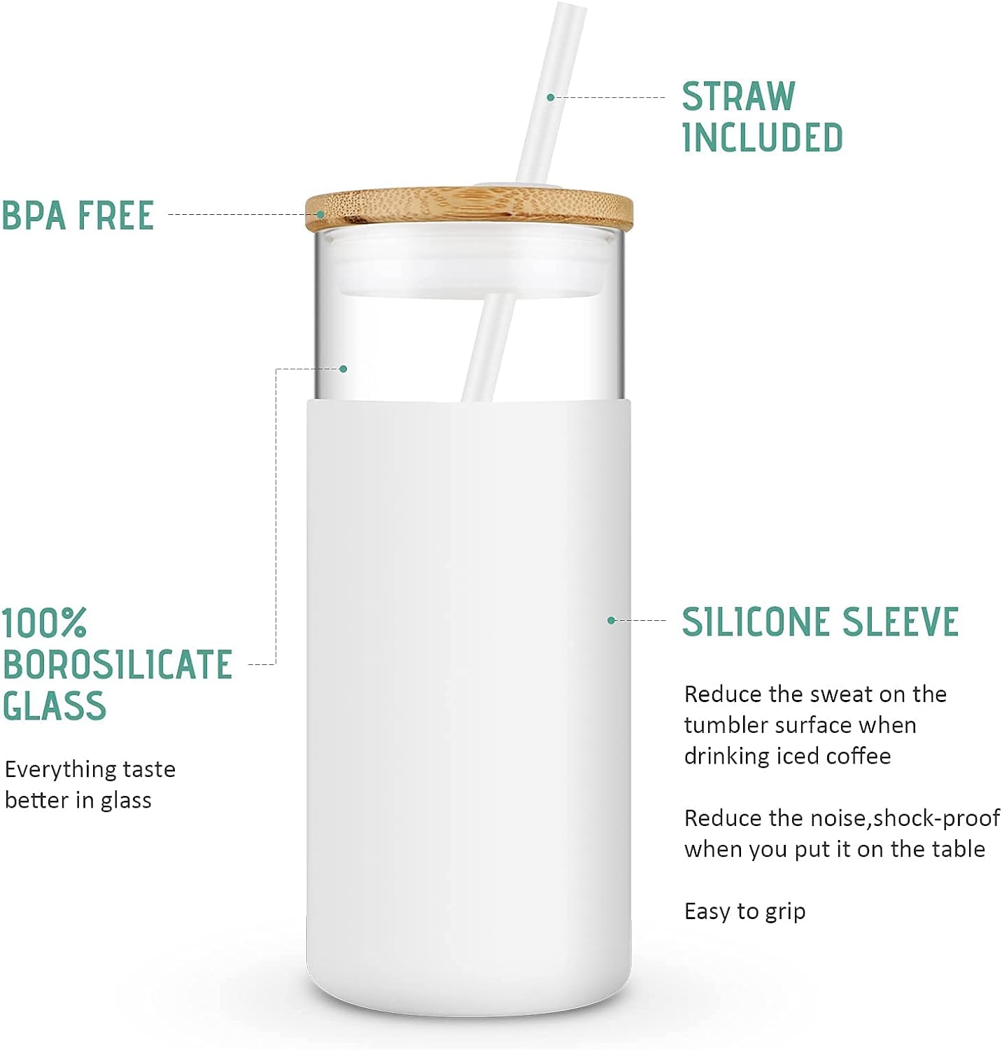 Tronco 20 oz Glass Tumbler Glass Water Bottle Straw Silicone Protective Sleeve Bamboo Lid - BPA Free - Amber/ 8 Pack