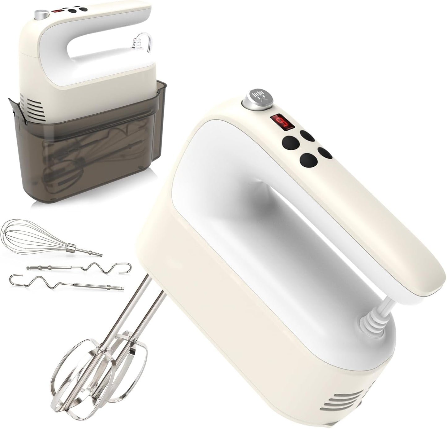 9-Speed Digital Hand Mixer Electric, 400W Powerful DC Motor, Baking Mixer Handheld with Snap-On Storage Case, 5 Stainless Steel Accessories, Flat Beaters, Dough Hooks, Whisk (Cream White)