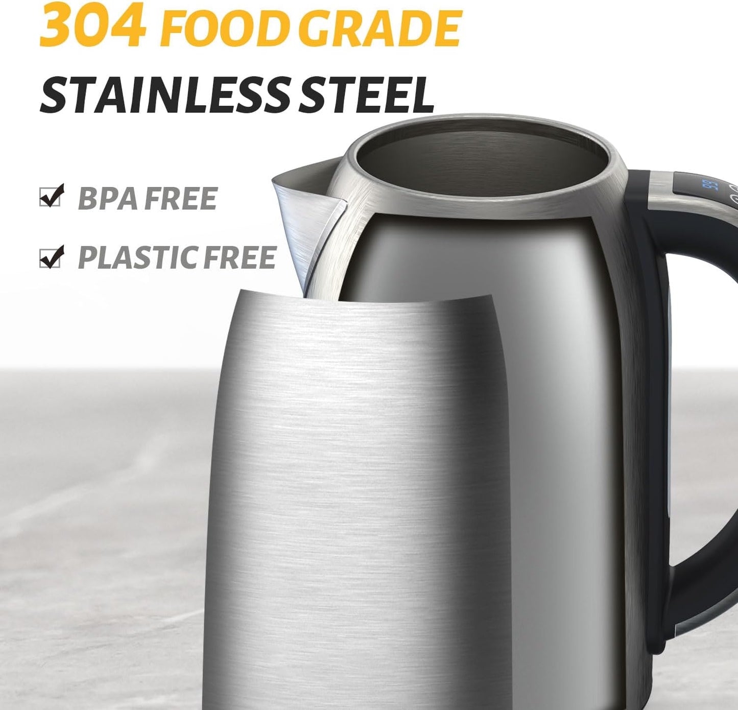 Electric Kettle, 1.7L/1500W, Stainless Steel, Digital Touch Panel, Keep Warm Function, Auto Shutoff, BPA-Free, Hot Water Kettle for Coffee & Tea, No Plastic Contact with Water (Black)