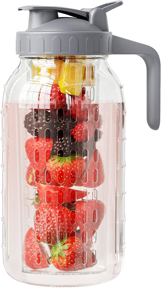 Fruit Infuser Water Pitcher,Glass Mason Jar Pitcher,64oz(2 Quart) Wide Mouth Jug with Pour Spout Handle Lid for Fruit Drinks,Cold Brew Coffee,Ice Beverage,Iced Juice,Lemonade,Sun Tea Container
