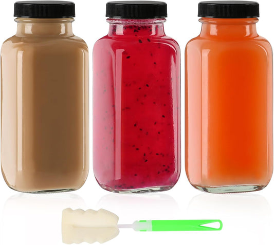 8 oz Glass Juice Bottles with Lids 3 Pack,Reusable Water Bottle,Juicing Bottles for Smoothies, Milk, Storage, Small and portable