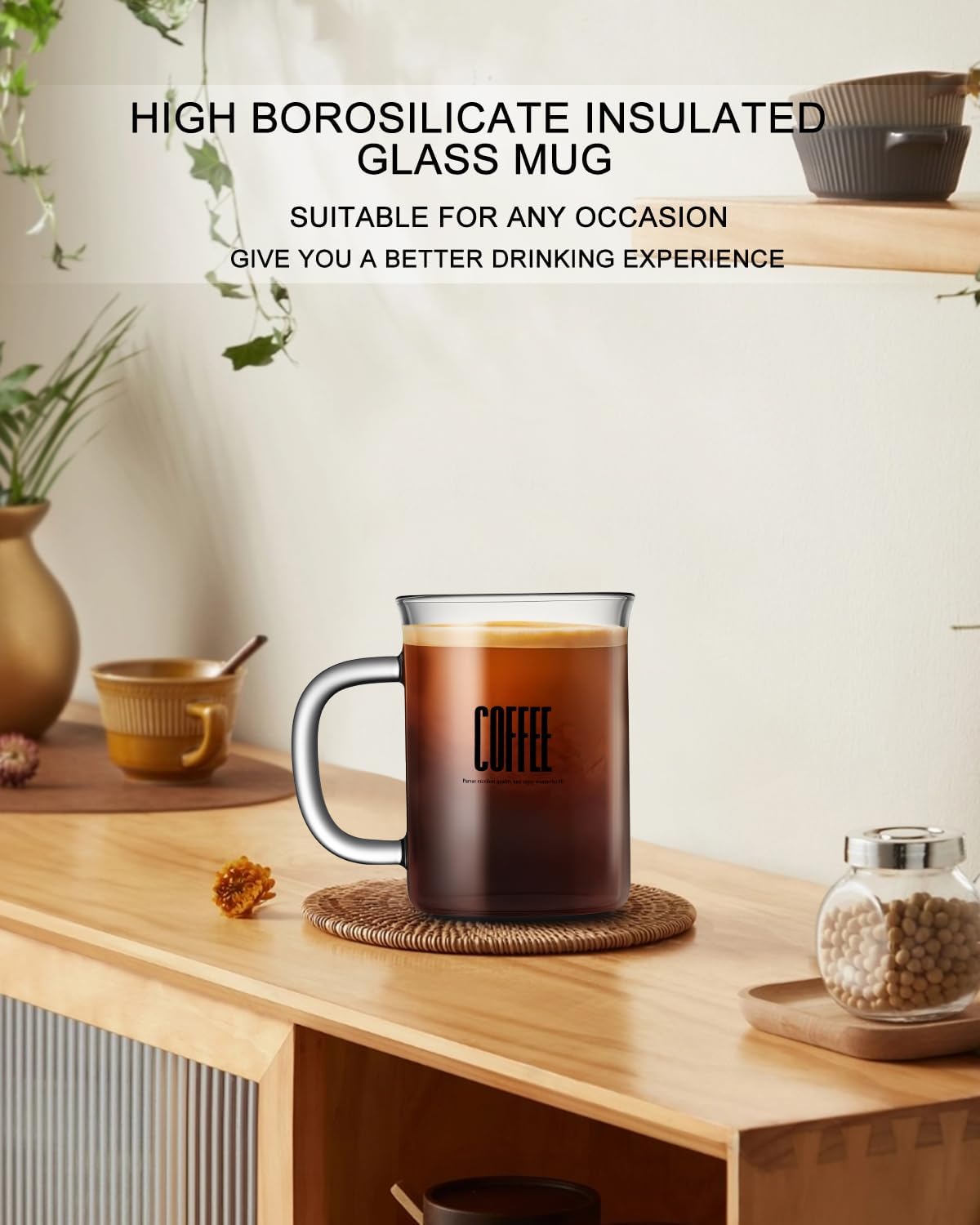 2pcs Set Glass Coffee Mugs 15oz Bell Mouth Glass Coffee Cups Clear Large Tea Cups,Cute Coffee Bar Accessories,Iced Coffee Glasses,Lead-Free Glass Cups for Water,Latte,Milk-Flat Bottomed Design