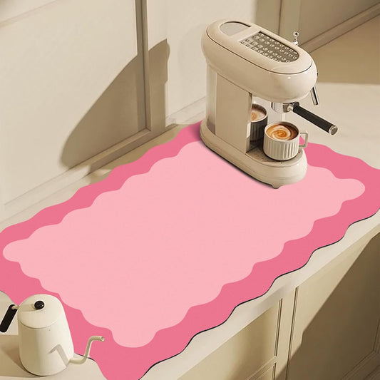 Scalloped Coffee Bar Mat for Countertop, Cute Dish Drying Mats for Kitchen Counter, Diatomite Absorbent Mat for Coffee Station, Kitchen Aesthetic Decor(16"x24", Rose Pink)