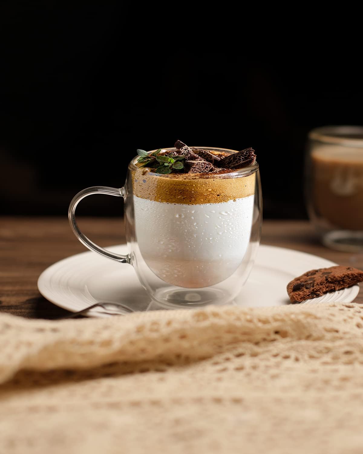 LIBWYS 4 Pack 250ml Double Walled Glass Coffee Mugs with 4 Spoons, Cappuccino Latte Tea Cups with Handle, Heat Resistant Drinking Glasses