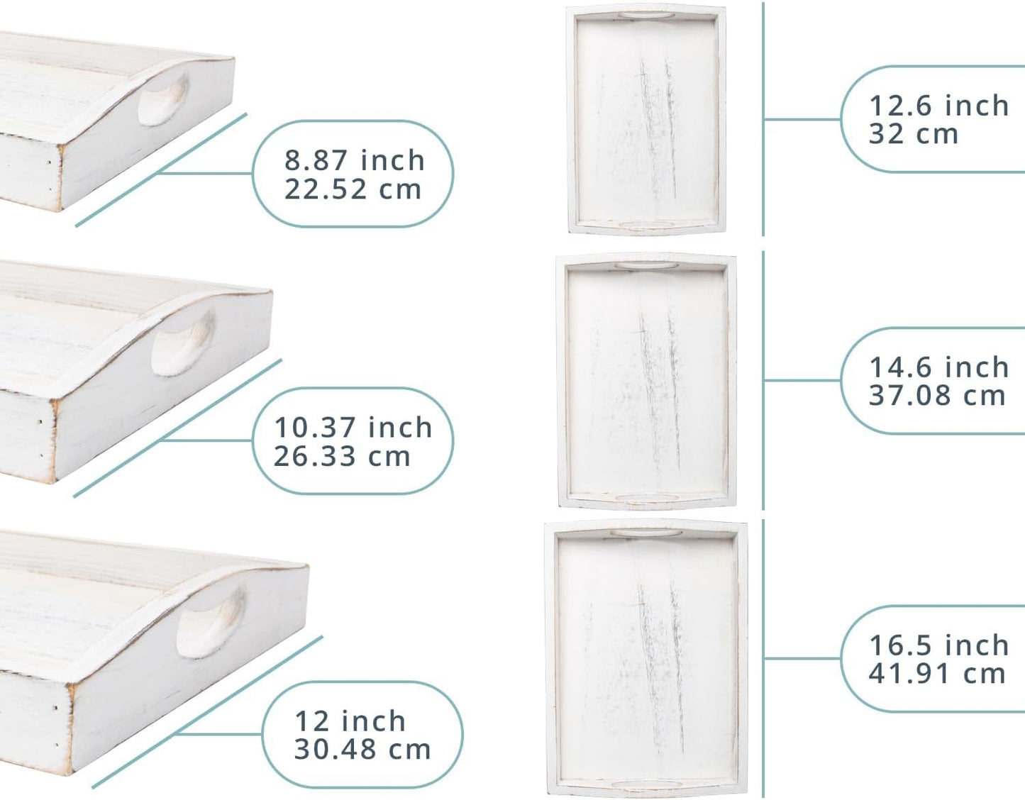 Serving Trays Set of 3 - Ottoman Wood Trays for Entertainment, Food and Decor - Rustic Farmhouse Distressed Wood Finish - Solid White