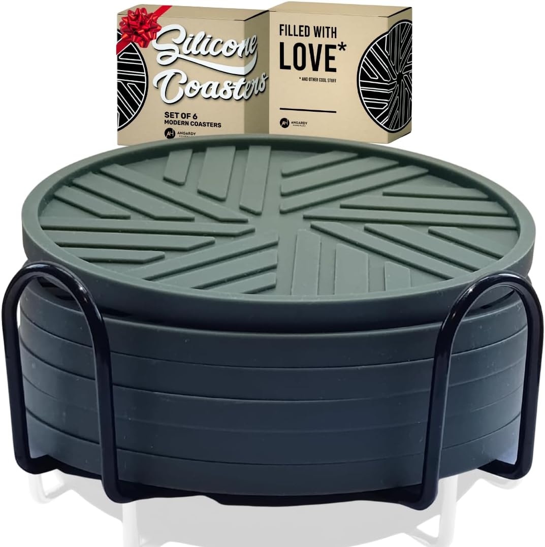 Silicone Coasters with Black Metal Holder, Set of 6, 4-Inch Diameter, Cup Mat for Drink, Stylish Home Decor, Deep Grey