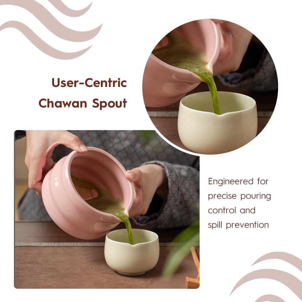 8 Pcs Matcha Set - Ceramic Bowl, Bamboo Whisk with Holder, Canister, Sifter, Schima Spoon, Spoon Rest and Tea Towel, Complete Kit for Traditional Matcha and Modern Lattes (Pink)