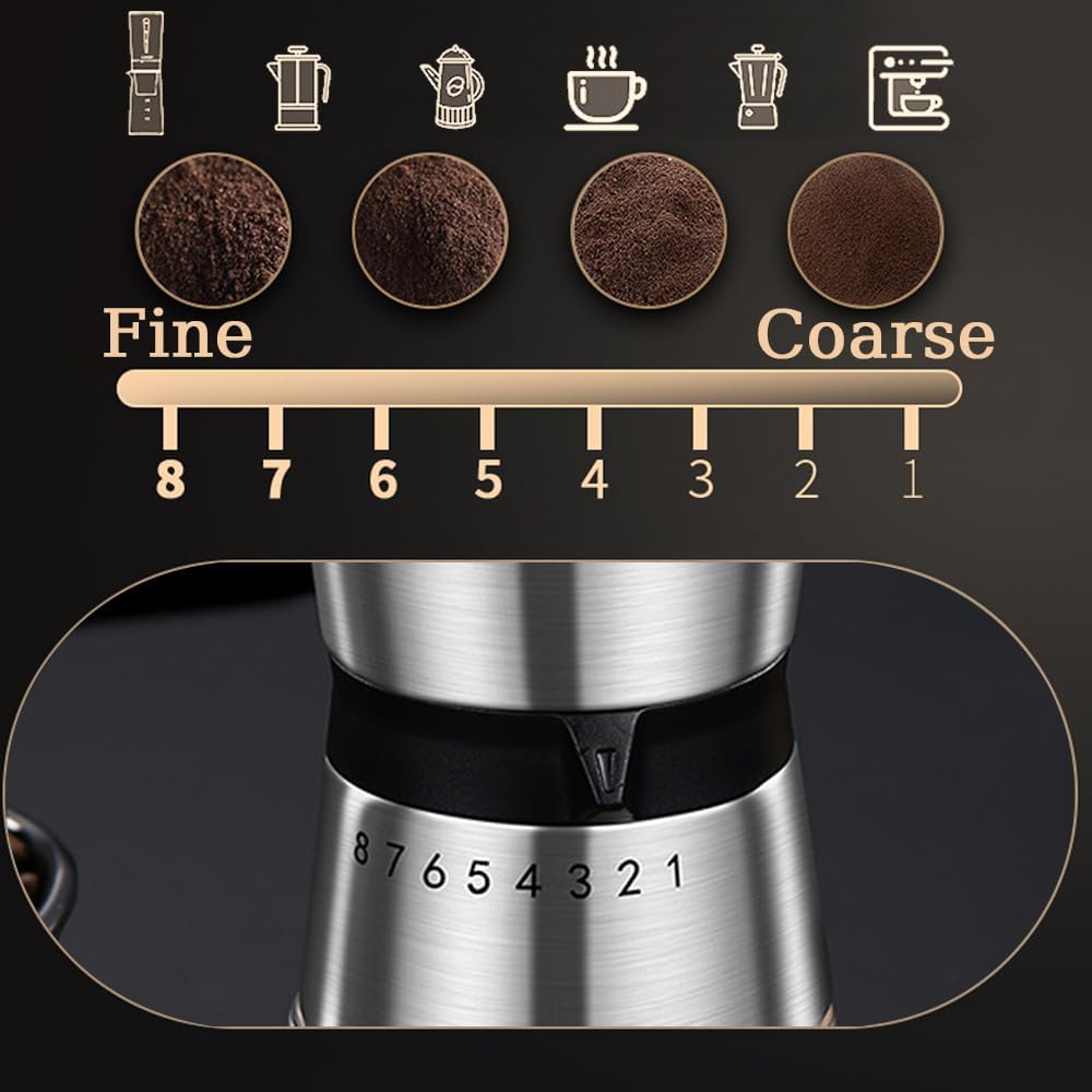 Precision Manual Coffee Grinder Large Capacity for Home Use, 8 Adjustable Coarseness Setting, Ceramic Burr Hand Held Stainless Steel Espresso Bean Mill for Travel Camping, Easy to Clean