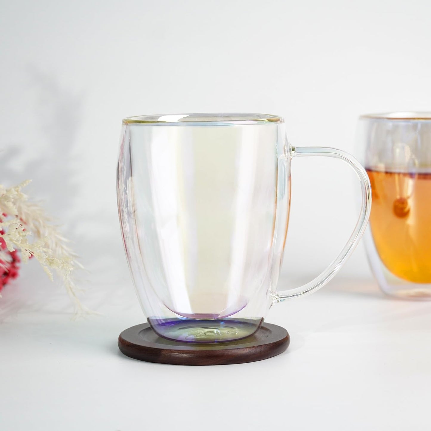 Double Walled Glass Coffee Mugs 12 OZ, Set of 2 Iridescent Glass Cups With Handle Perfect for Espresso, Cappuccino, Latte, Americano, Tea Bag, Beverage