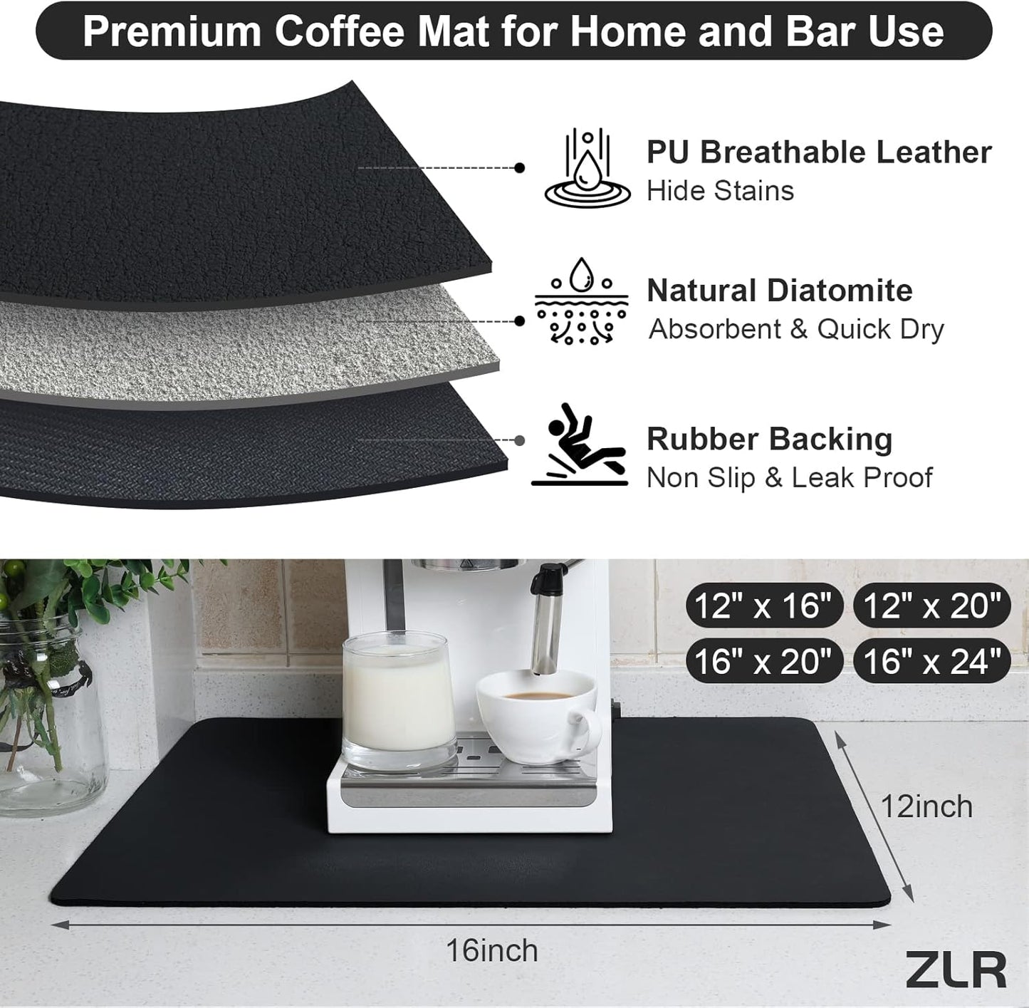 ZLR Coffee Mat - 12" x 16" Small Kitchen Hide Stain Absorbent Dish Drying Mat for Countertop - Easy to Clean Coffee Bar Mat for Espresso Machine and Spill Protection - Black