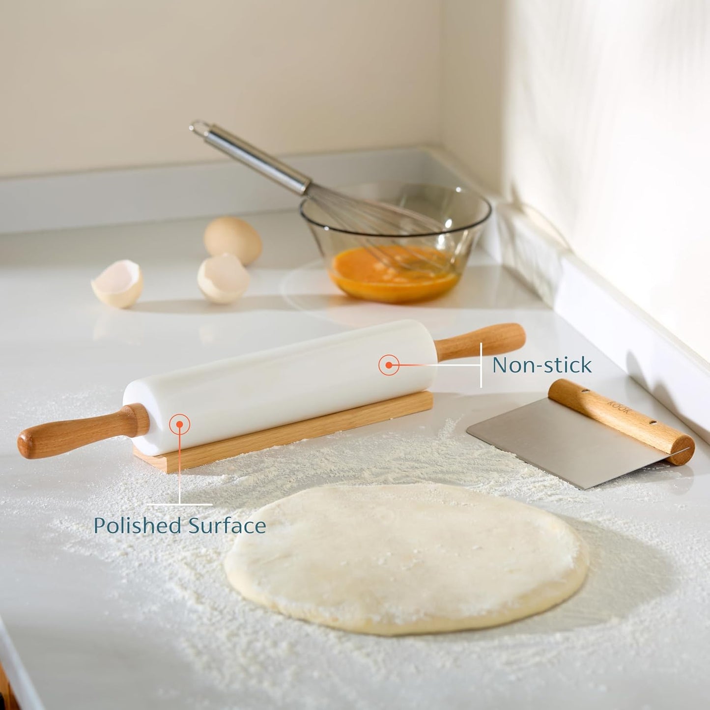 Kook Marble Rolling Pin Set, 18 Inch Rolling Pin with Beechwood Handles, Wooden Holder, Metal Scraper, Silicone Mat, Nonstick, for Baking Pizza Dough, Pastries, Tortillas