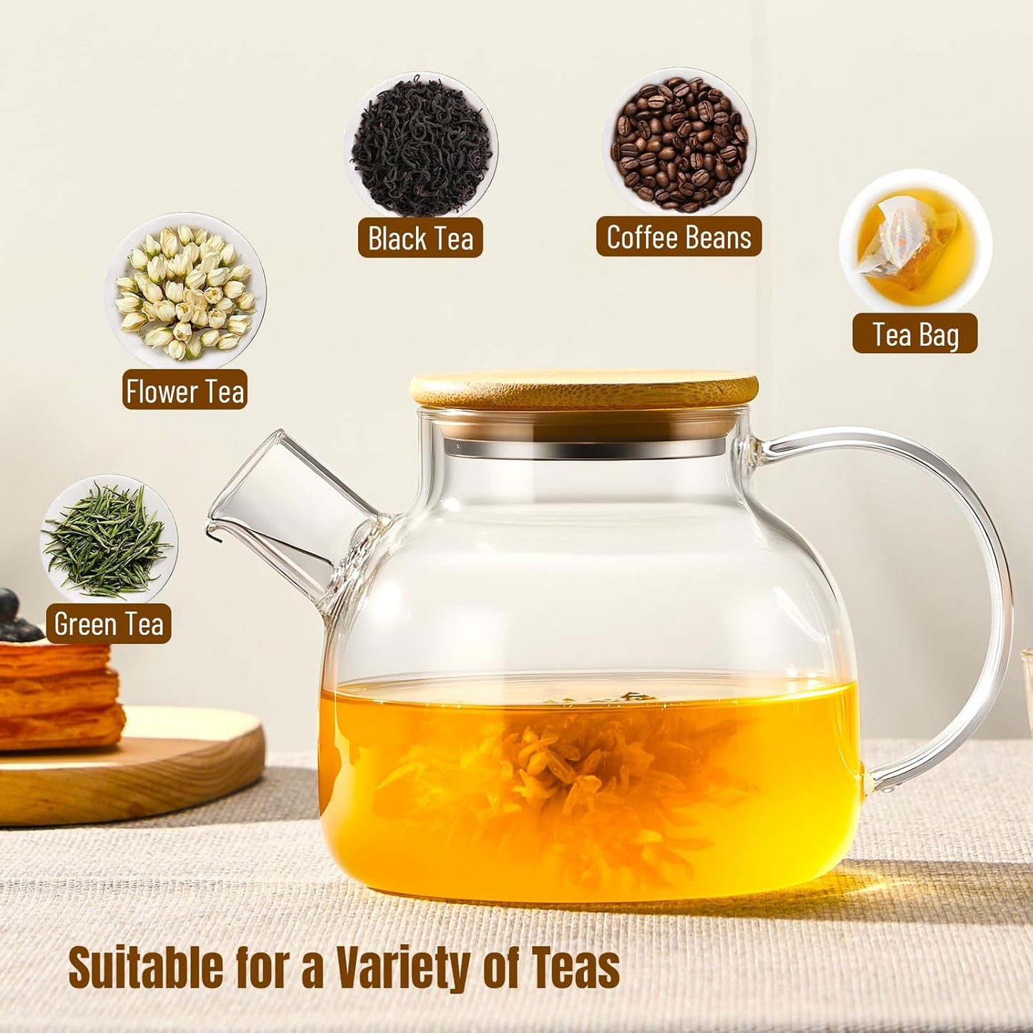 PARACITY Glass Teapot Stovetop 34 OZ, Borosilicate Clear Tea Kettle with Removable 18/8 Stainless Steel Infuser, Teapot Blooming and Loose Leaf Tea Maker Tea Brewer for Camping, Travel