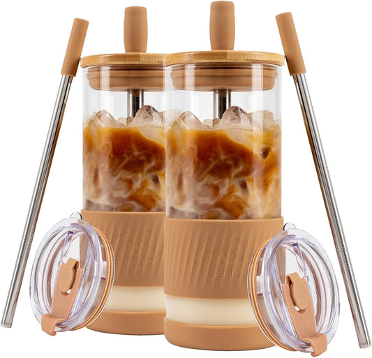 Pandaloo® Glass Cups With Lids and Straws -20 Fl Oz- Perfect Size Iced Coffee Cup - Smoothie Cup With Bamboo Lid and On the go Lid - Glass Tumbler With Straw (2 Count (Pack of 1), Amber Sand)