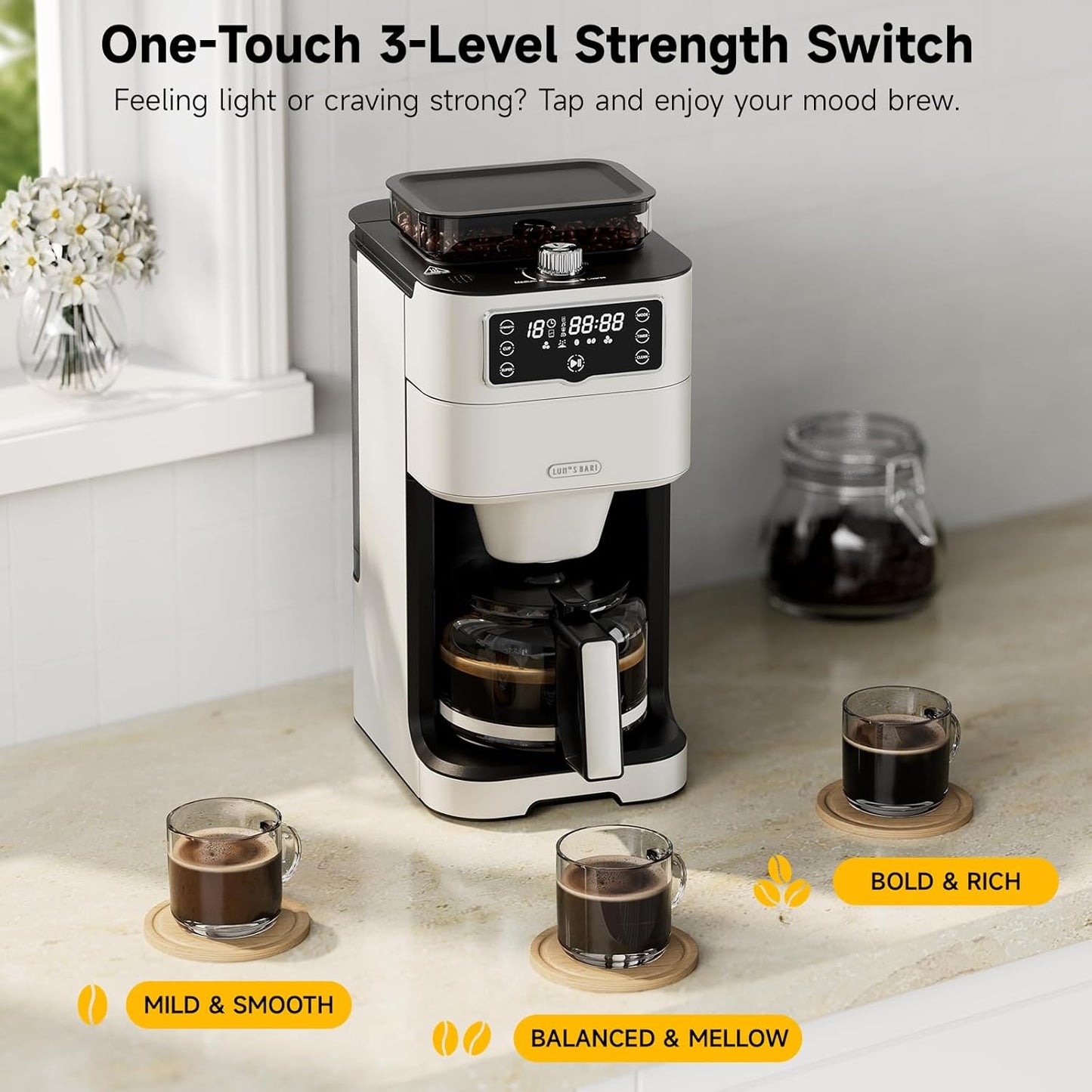 Drip Coffee Maker with Built-in Grinder, 10-Cup Programmable Brew Coffee Machine with Timer, Touch Screen, Self-Cleaning, Reusable Filter, 1.5L Removable Water Tank, Warming Plate, White