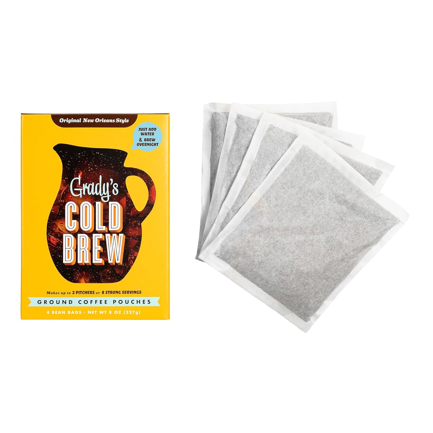 GRADY’S COLD BREW, New Orleans Style, 100% Arabica Ground Coffee & Chicory Pouches, One Box of Four Easy-to-Brew Bean Bags, Makes 12 drinks