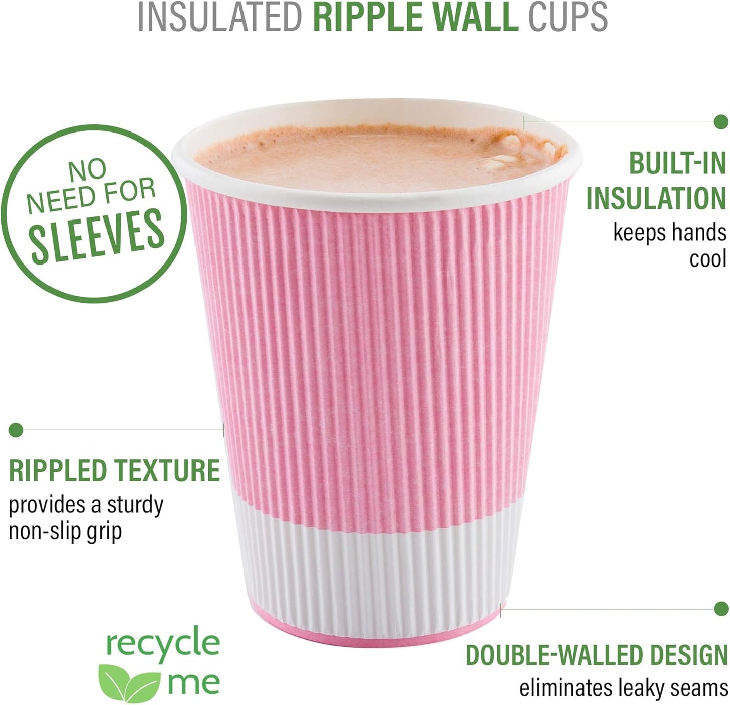 Restaurantware 16 Ounce Ripple Wall Disposable Coffee Cups, 500 Insulated Light Pink Paper Tumblerss for Hot Drinks like Tea and More, Rolled Rim Design, Lids Sold Separately