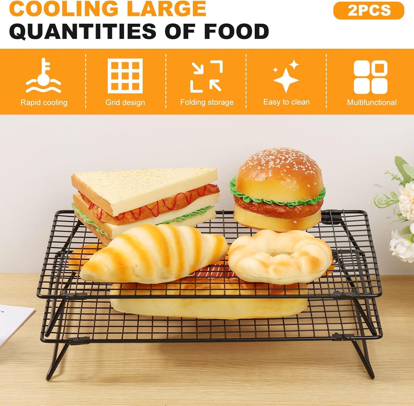 13.4" × 9.4" Stackable Cupcakes Cooling Racks – 2-Pack Nonstick Carbon Steel Baking Racks with Collapsible Legs, Perfect for Cooking, Roasting, Grilling, Drying & Cooling Cookies