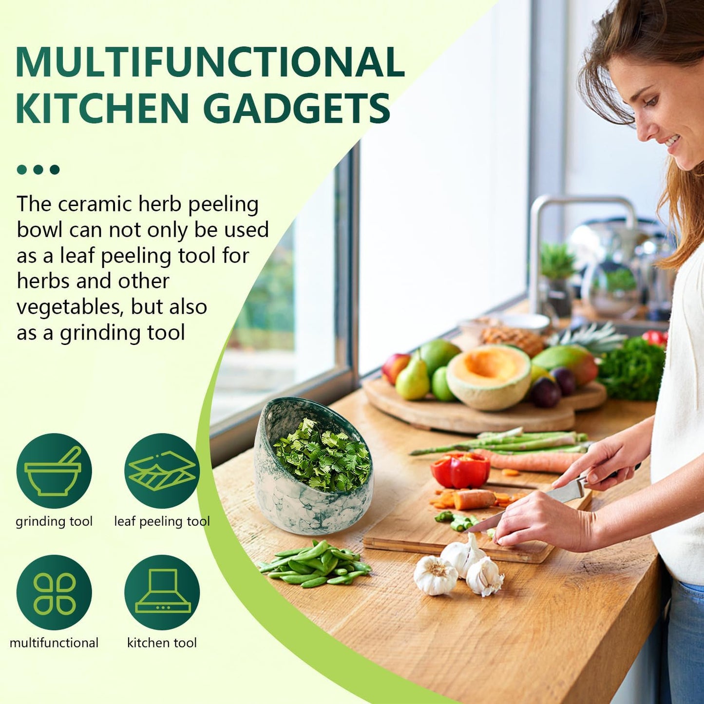 Pottery Herb Stripper Bowl, Handmade Ceramic Herb Peeling Bowl, for Separating Leaves and Stems (Green)