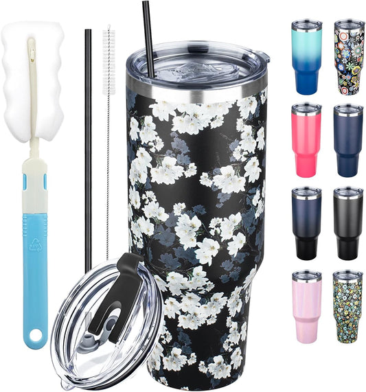 40 oz Tumbler with Lids and Straws, Stainless Steel Insulated Coffee Tumbler, Double Wall Vacuum Insulated Travel Mug Cup, Leakproof Thermal Coffee Cup for Hot and Cold Drinks (White Flower)
