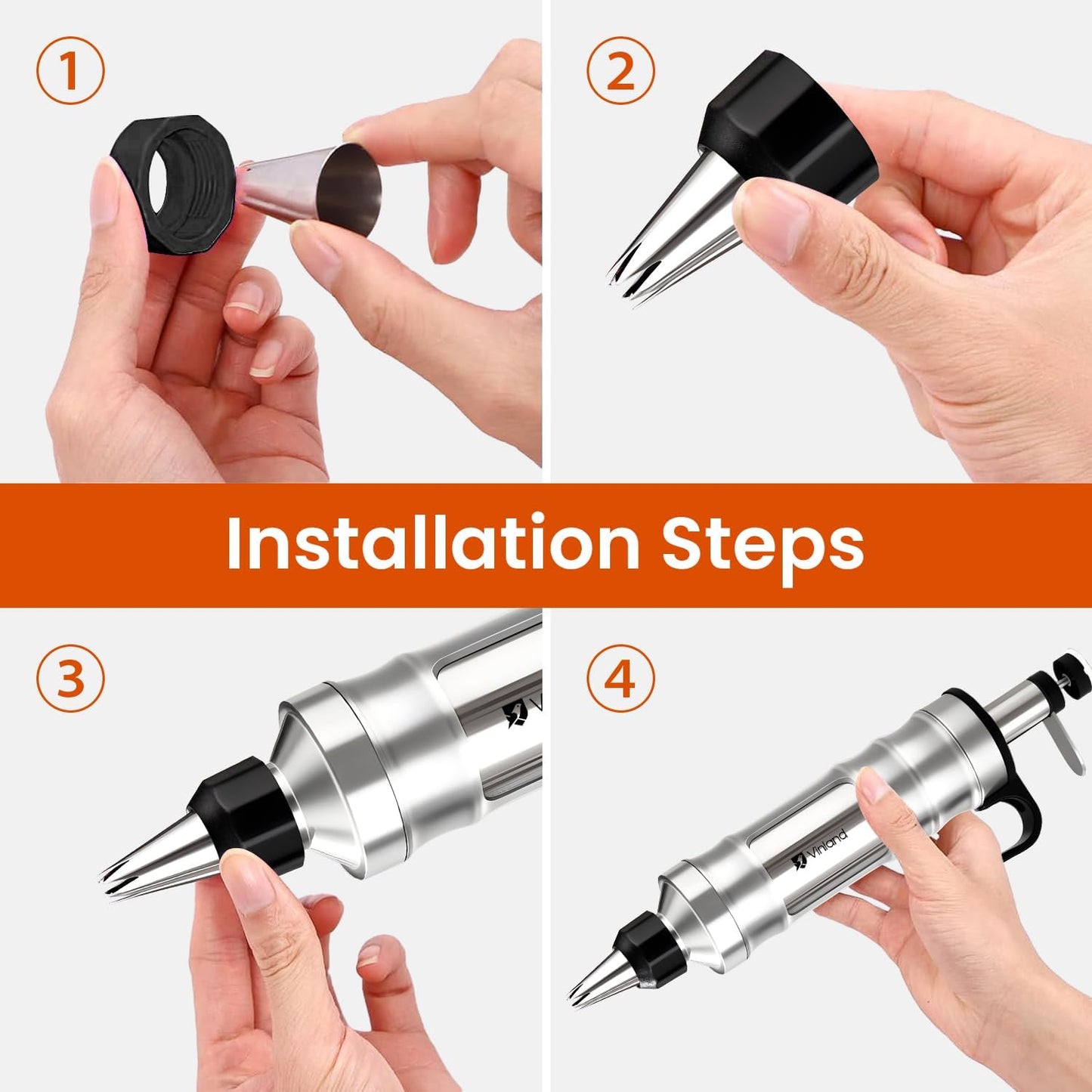 Dessert Decorating Syringe Set Icing Piping Kit Frosting Piping Kit Stainless Steels Cake Decorating Kit with 10 food grade stainless steel piping tips & 50 Disposable Piping Bags Black