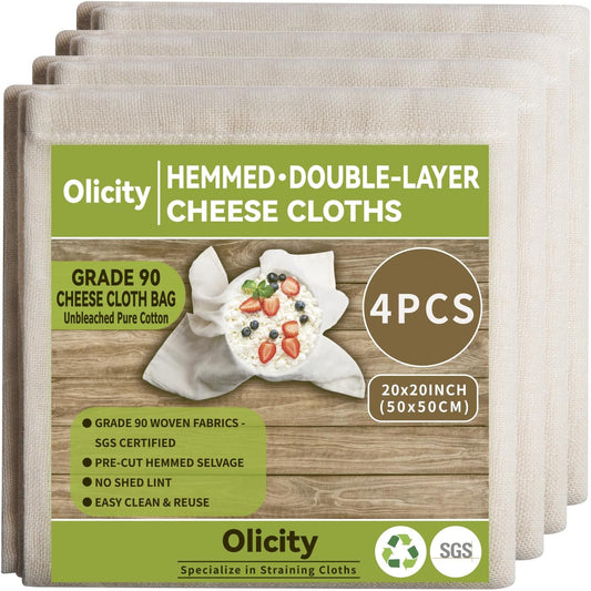 Olicity Cheese Cloths, 4PCS, Double-Layer, 20x20Inch, Reusable Grade 90 Cheese Cloth Bag for Straining, Hemmed Unbleached Cotton Precut Fine Mesh Muslin Cheesecloth for Brew, Jelly, Yogurt