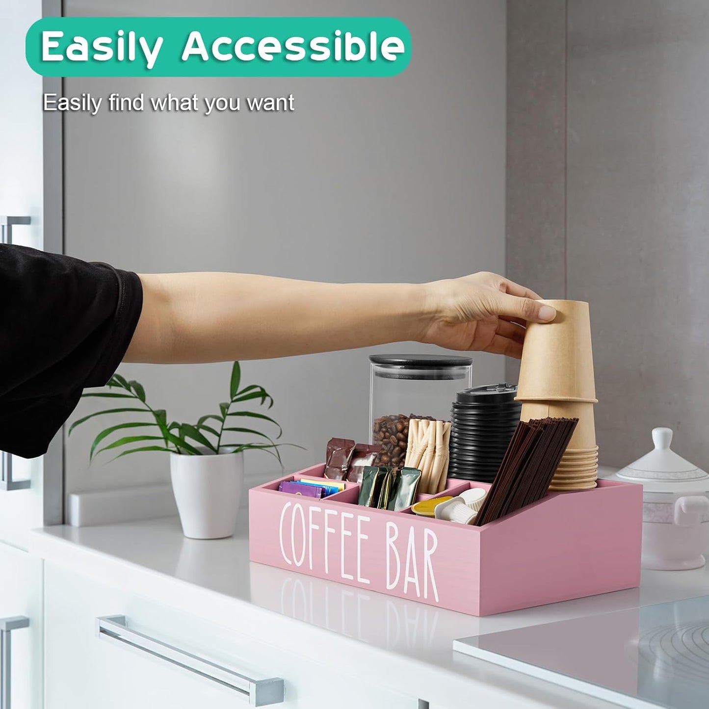 ALELION Pink Coffee Station Organizer for Countertop - 7 Compartments Coffee Bar Accessories and Organizer with Removable Dividers - for Pink Kitchen Coffee Bar Decor