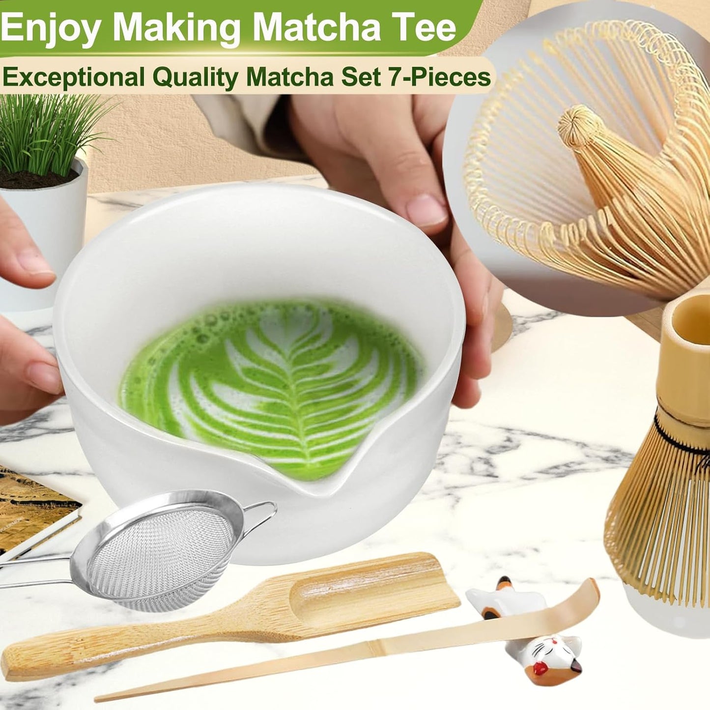 7 Pcs Matcha Whisk Set, Matcha Set with Ceramic Bowl, Bamboo Scoop, Whisk, Whisk Holder, Sifter, Spoon and Scoop Holder, Matcha Kit for Matcha Lover (White)