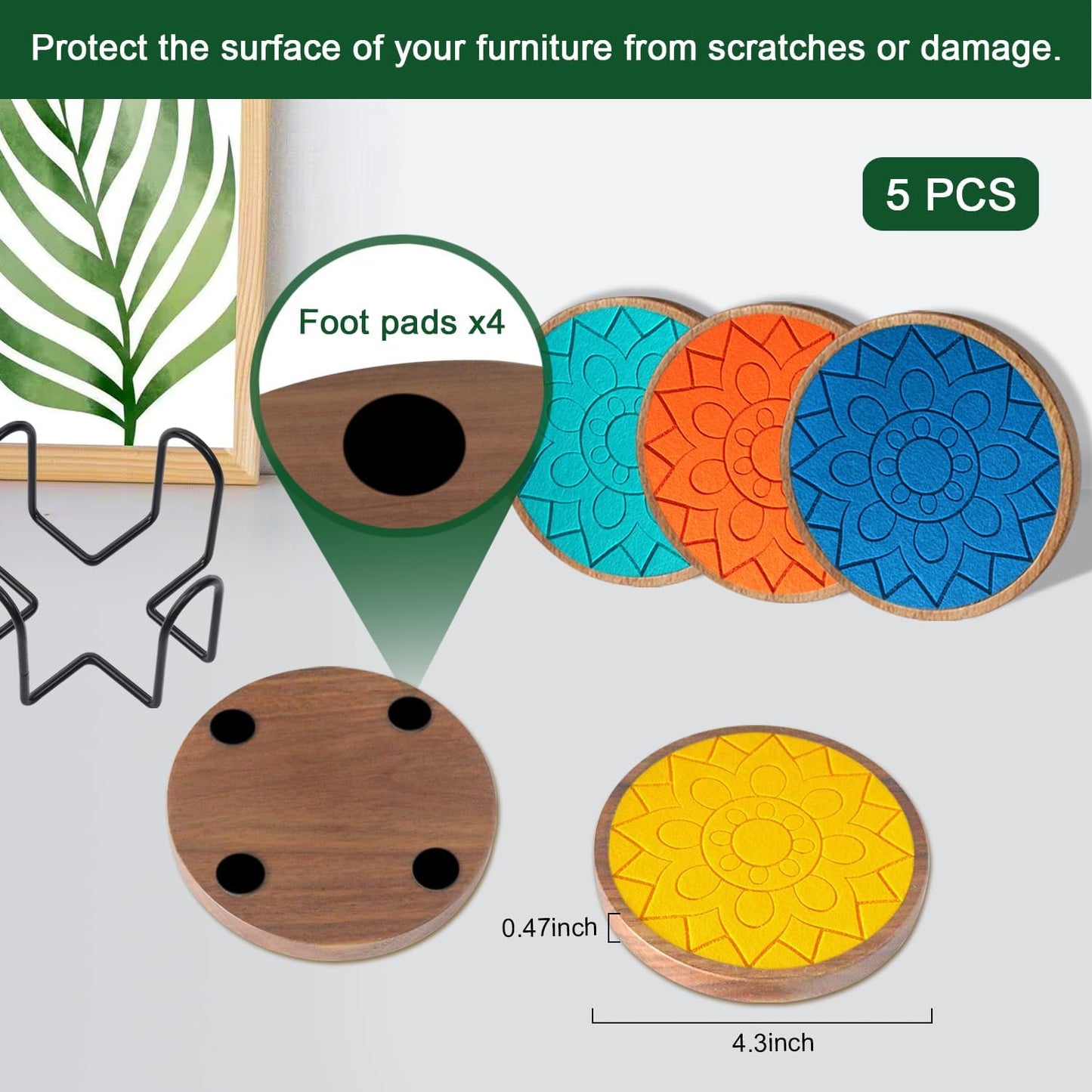 Coasters for Drinks Absorbent 5 Pack, Coasters for Coffee Table with Holder, Wood Coasters with Felt Pads, Non-Slip, Non-Stick, Suit for Kinds of Cups 4.3 inch (Colorful), Round