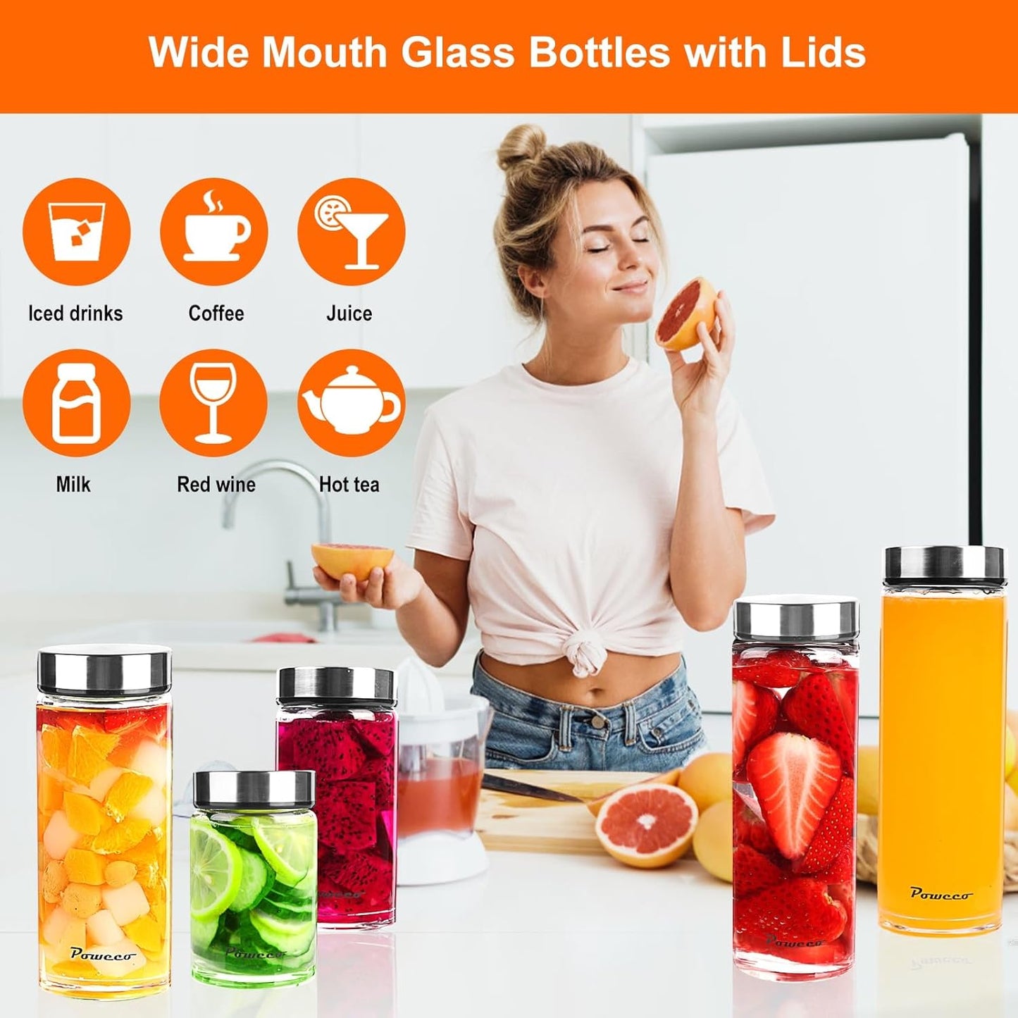 10oz Glass Juice & Water Bottles 4-Pack with Lids- Wide Mouth Reusable Borosilicate Glass- for Juicing, Smoothies, Protein Shakes, Blender & Shaker Bottle- Refillable & Dishwasher Safe(10 oz/300ml)