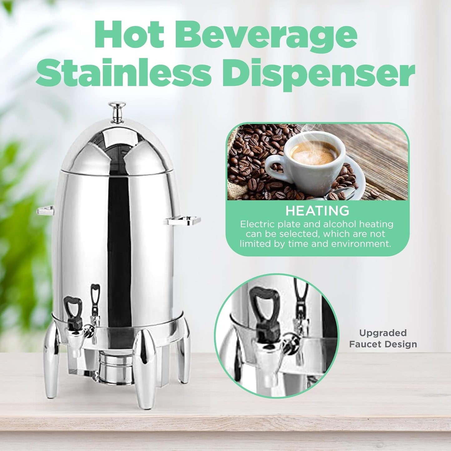 Stainless Steel Hot Beverage Dispenser durable and long-lasting Chafer Urn with Chrome Accents - 5 Gallon capacity-(48 cup)