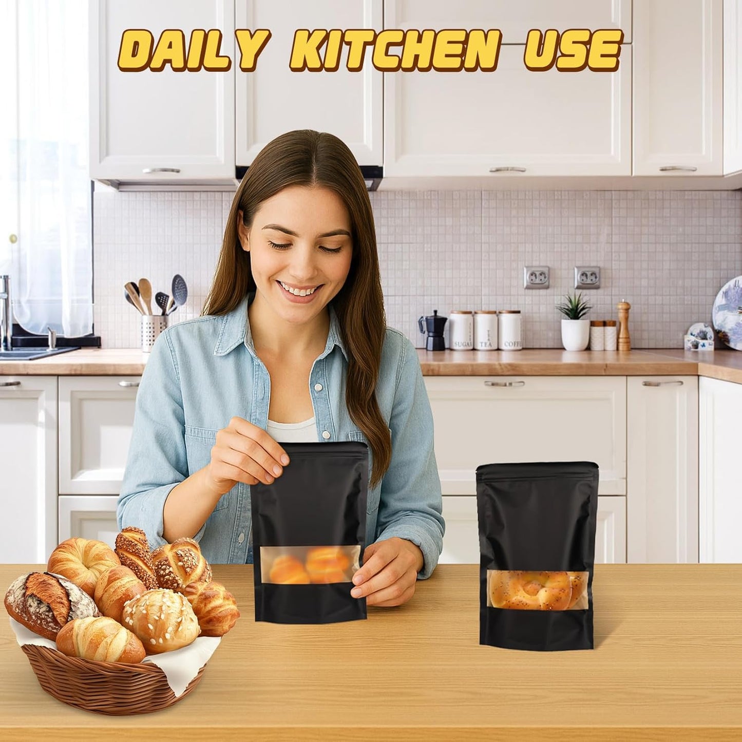 Jetmore-50pack-Smell-Proof-Bag, Reusable Zip Lock Bags with Window, Resealable Stand Up Packaging Bags, Brown Paper Pouches for Coffee, Tea, Herbs, Spice, Snack, Baked Goods, Goodie Bags