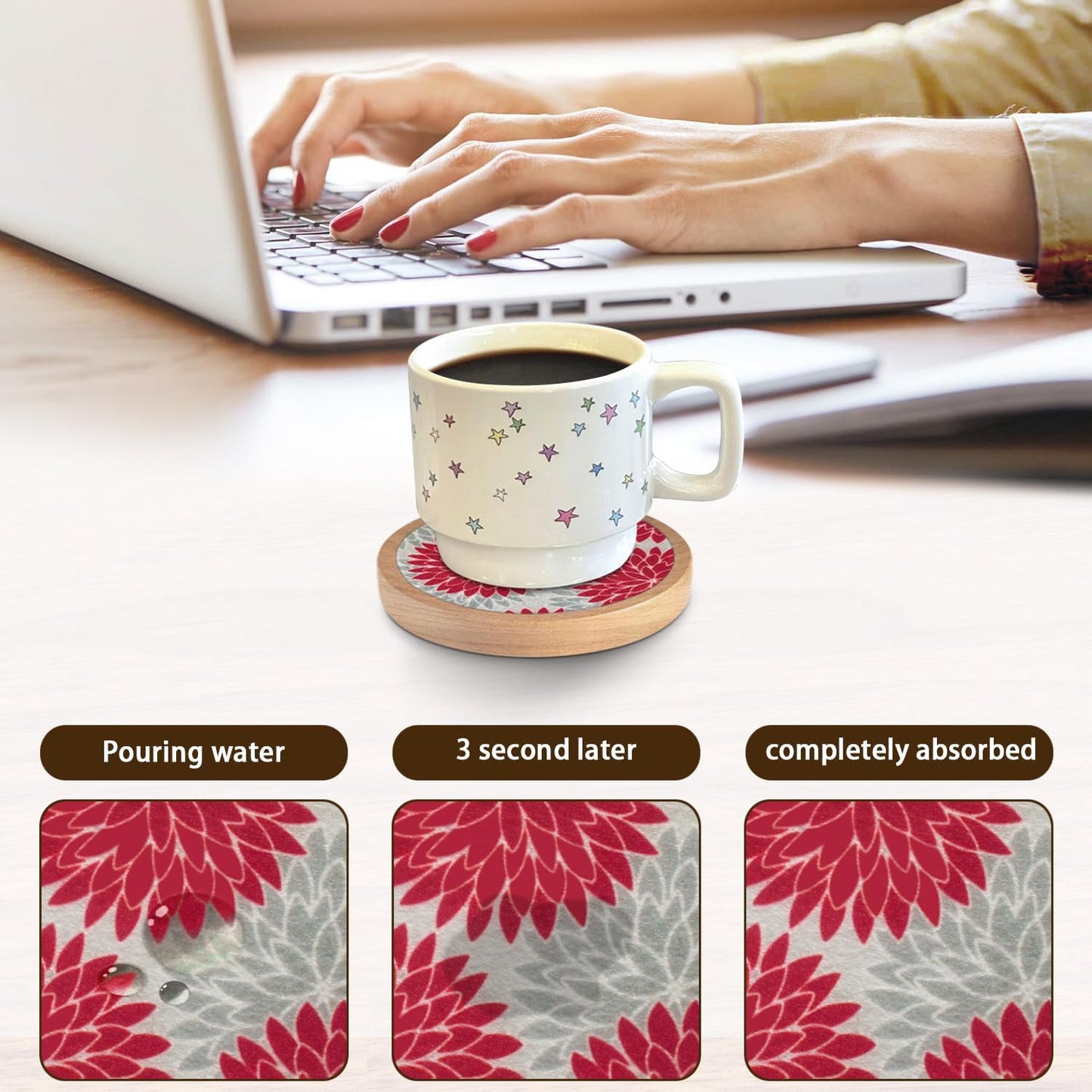 Wood Coasters Set of 6 with Holder, Cewiru Cup Mat for Drinks, Absorbent Coasters with Felt Insert for Coffee Table Protection, Modern Style Home Dining Table Decor, 4.3" Red